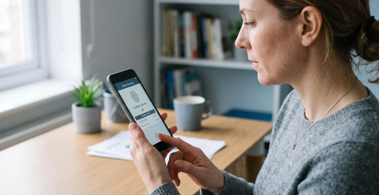 Une personne utilise l'authentification biométrique par empreinte digitale pour accéder à une application bancaire mobile sur smartphone