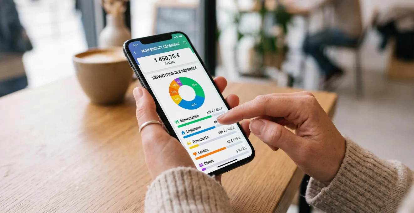 Des mains consultent sur un smartphone une interface de gestion budgétaire affichant des graphiques de catégorisation des dépenses