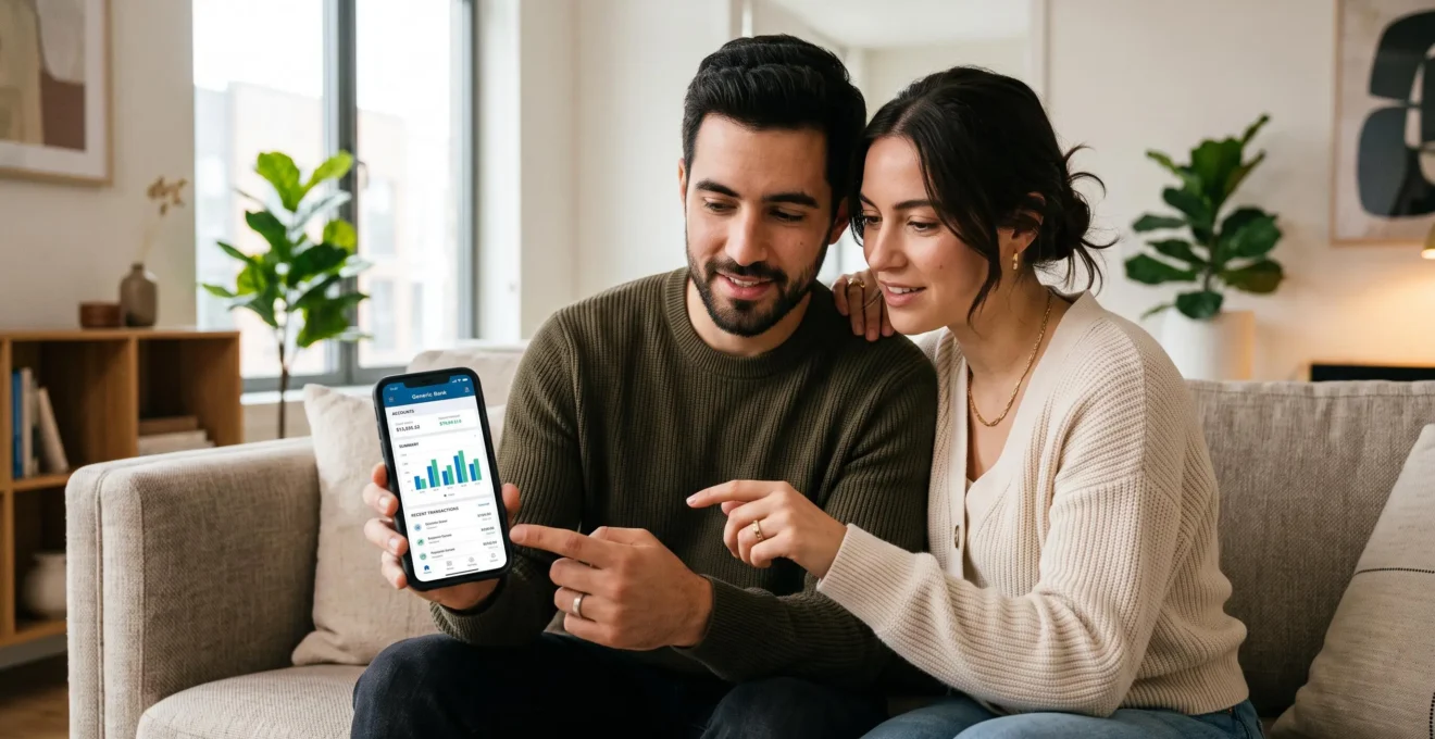 Un couple consulte ensemble une application bancaire mobile sur un smartphone dans un intérieur contemporain