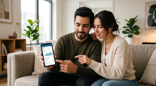 Un couple consulte ensemble une application bancaire mobile sur un smartphone dans un intérieur contemporain